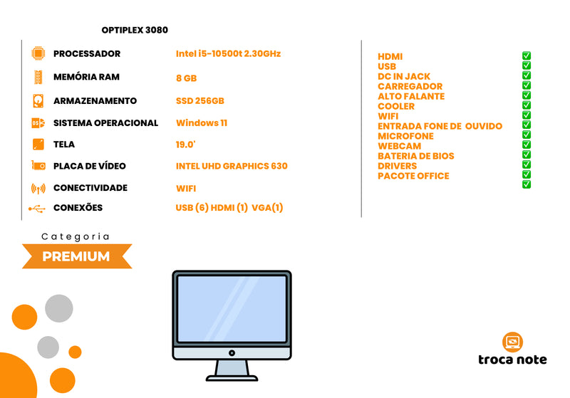 Dell Optiplex 3080 Intel Core i5-10500t 8GB 256GB Tela 19' Intel Uhd Graphics 630