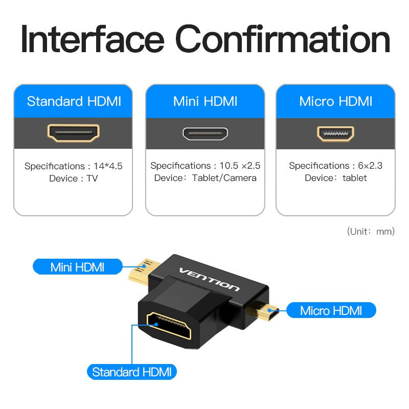 Adaptador Mini HDMI + Micro HDMI para HDMI Macho para Fêmea